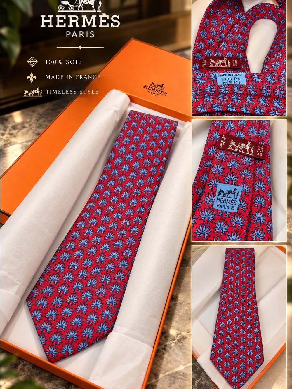 HERMÈS Paris Silk Tie Red Blue Floral Logo Accent Made in France With Hermès Box